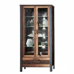 Vitrine Blackpool I Imitation Bois Éclairage Living Recyclé Red Gri