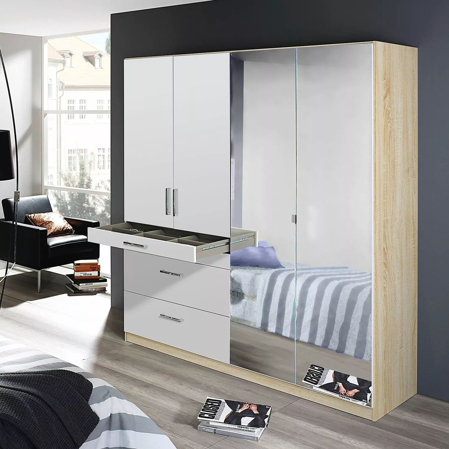 Armoire Homburg Ii 181 Cm : Largeur Imitation Miroir Blanc Rauch Blue 5 Armoire Homburg Ii 181 Cm : Largeur Imitation Miroir Blanc Rauch Blue – Image 3